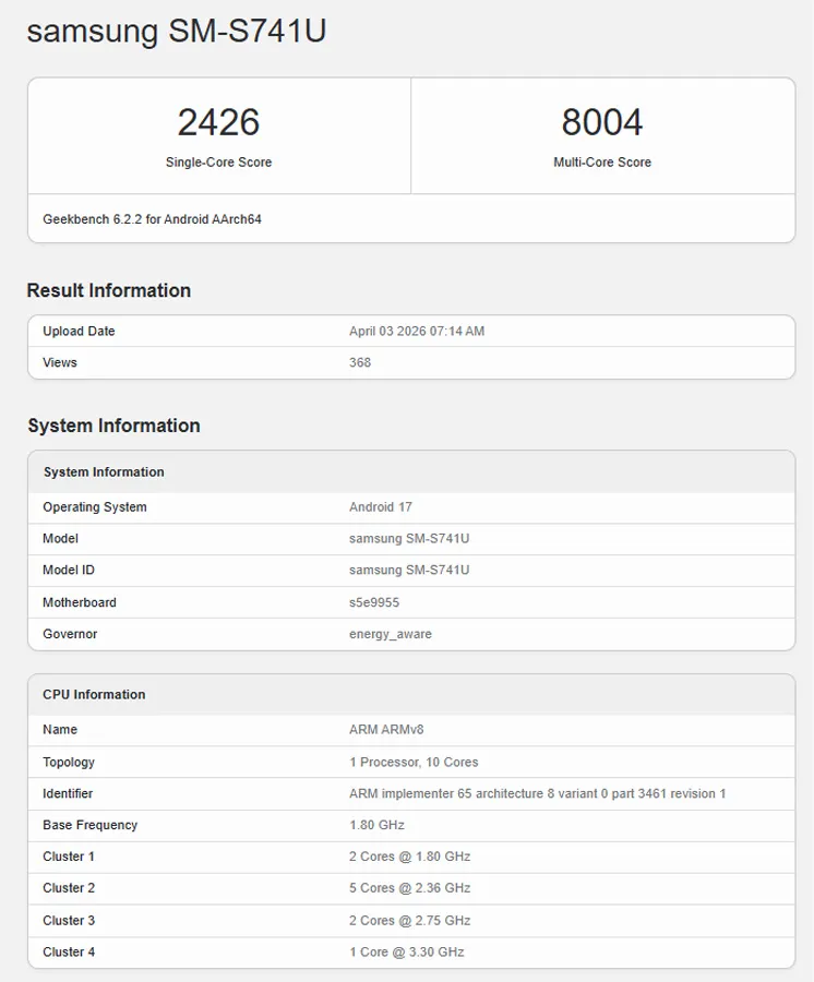 Le Samsung Galaxy S26 FE se prépare à son lancement avec une fuite clé 2 Geekbench du modèle SM-S741U