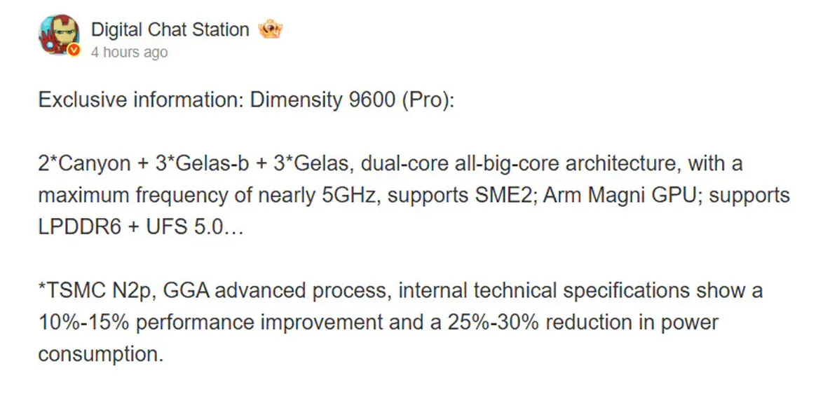 MediaTek prépare son processeur phare en 2 nm ; le Dimensity 9600 Pro veut rivaliser avec Qualcomm 2 Publication de Digital Chat Station en Weibo