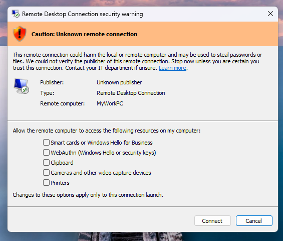 Microsoft corrige les avertissements du Bureau à distance s'affichant incorrectement 2 Remote Desktop Connection security warning
