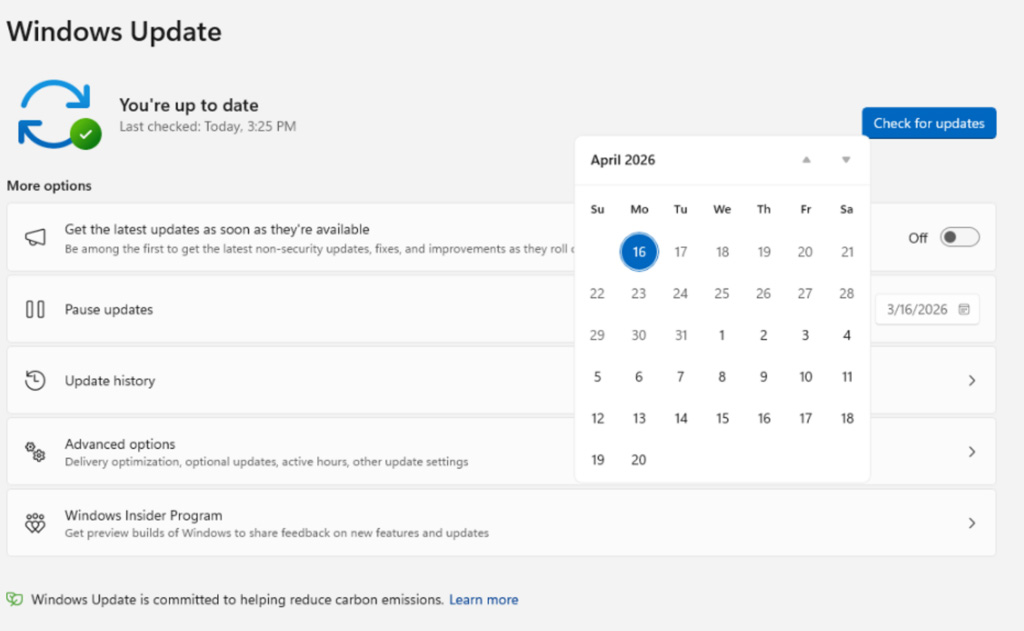 Mise à jour de Windows : de nouveaux contrôles pour réduire les redémarrages forcés 2 Windows Update calendar flyout for pausing updates