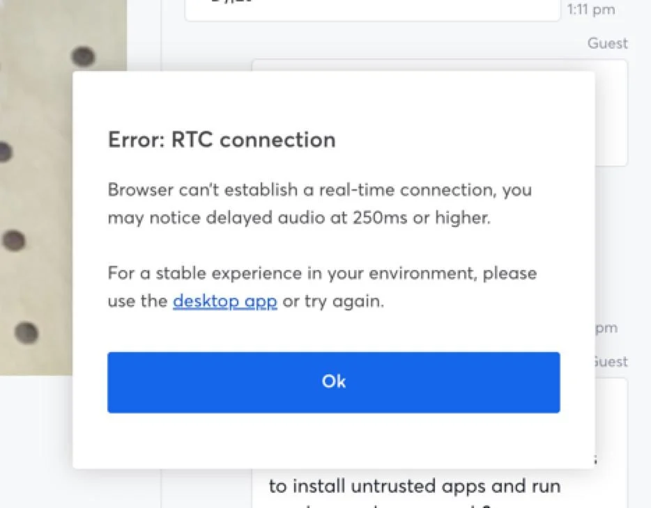 Pirate du npm Axios utilise un faux correctif d'erreur Teams pour détournement de compte de mainteneur 2 Fake RTC Connection error message used in another attack