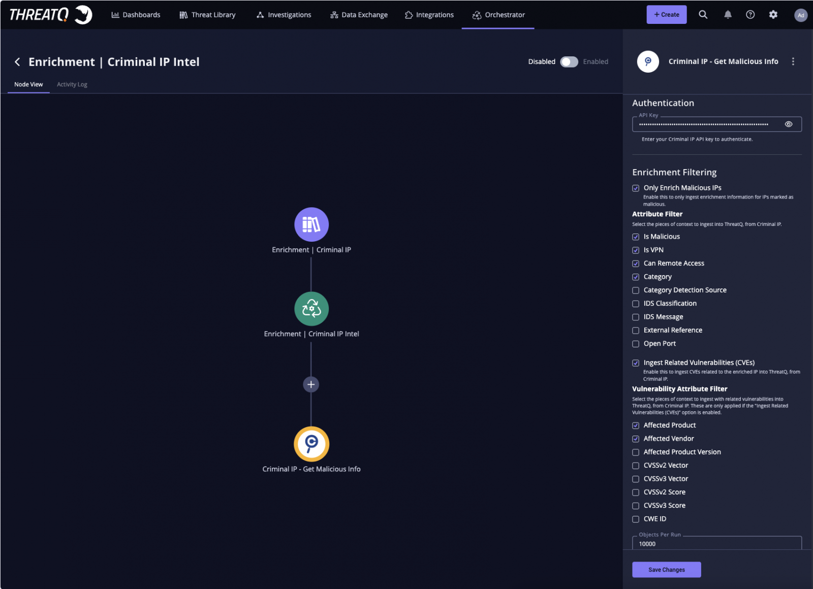 Criminal IP et Securonix ThreatQ collaborent pour renforcer les opérations de renseignement sur les menaces 3 Criminal IP enrichment integrated within the ThreatQ Orchestrator, enabling automated ingestion and filtering of exposure-based IP intelligence directly into analysis workflows