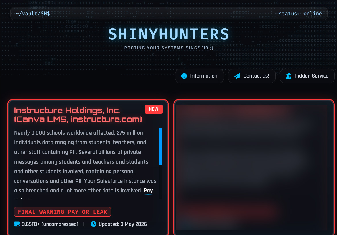 Le gouvernement américain demande un témoignage à Instructure sur l'énorme cyberattaque contre Canvas 2 Fiche Instructure sur le site de fuite de données de ShinyHunters