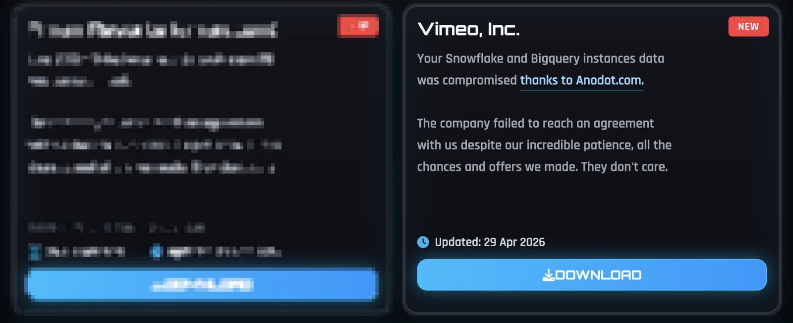 Violation de données chez Vimeo expose les informations personnelles de 119 000 personnes 2 Vimeo entry on ShinyHunters DLS