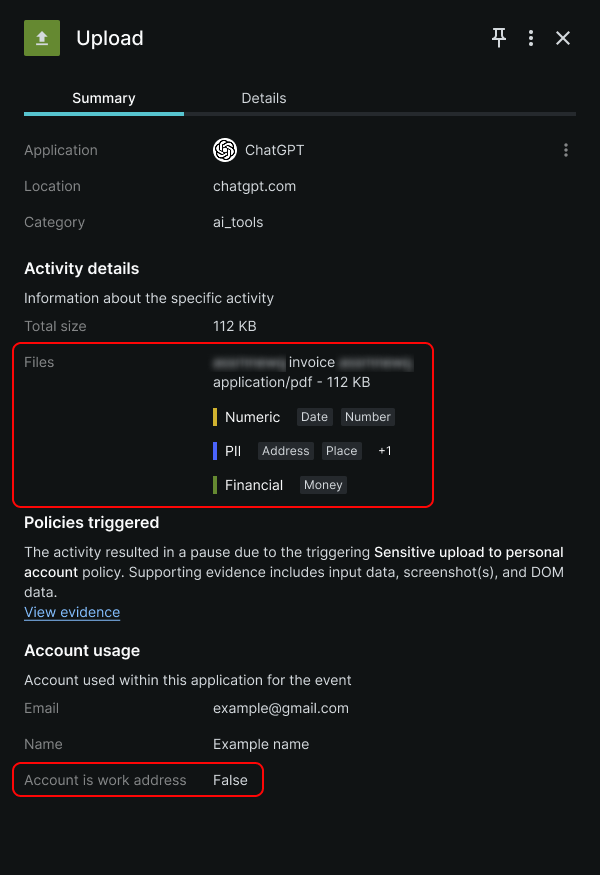 Le navigateur contourne votre DLP : comment les données fuient malgré les protections modernes 3 An Upload event, as shown in Keep Aware’s Console, indicates that an employee uploaded a potentially sensitive document to their personal ChatGPT account.
