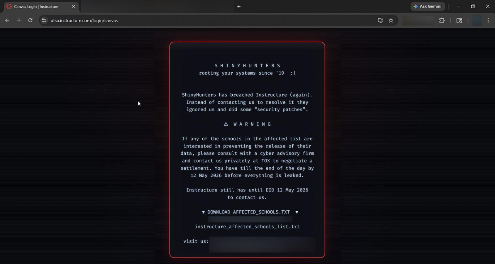 Instructure confirme que des hackers ont exploité une faille de Canvas pour vandaliser des portails 2 ShinyHunters message left on University of Texas San Antonio Canvas login page