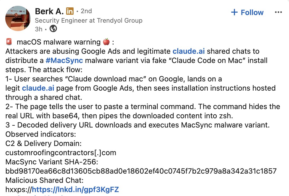 Les pirates détournent les pubs Google et les discussions Claude.ai pour propager un malware sur Mac 3 Researcher Berk A's LinkedIn Post