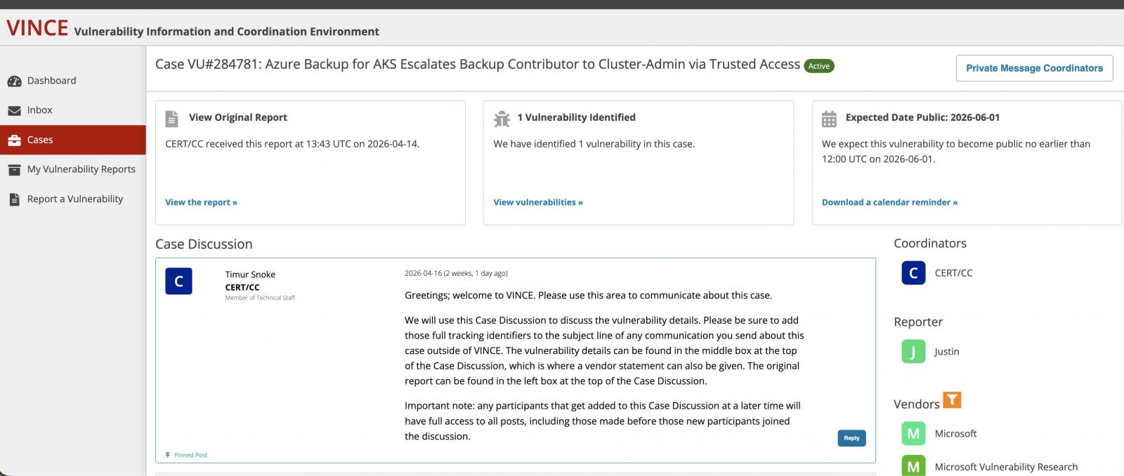 Microsoft rejette un rapport sur une faille critique d'Azure et ne publie pas de CVE 2 Le CERT attribue un identifiant de suivi et une date de divulgation à la faille