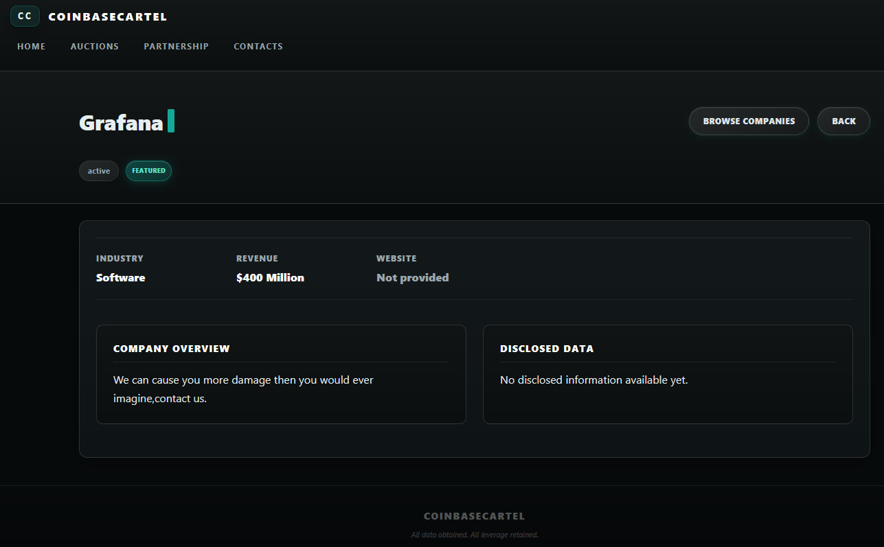 Grafana révèle que le vol d'un jeton GitHub a permis à des pirates de dérober son code source 2 CoinbaseCartel affiche Grafana sur son portail d'extorsion