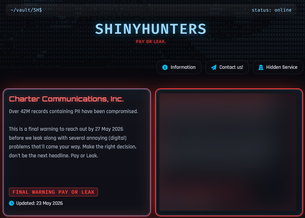 Charter confirme une faille de sécurité après des menaces d'extorsion de ShinyHunters 2 L'annonce de Charter sur le site de fuite de données de ShinyHunters