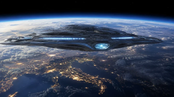 Illustration d'un vaisseau extraterrestre arrivant sur Terre.