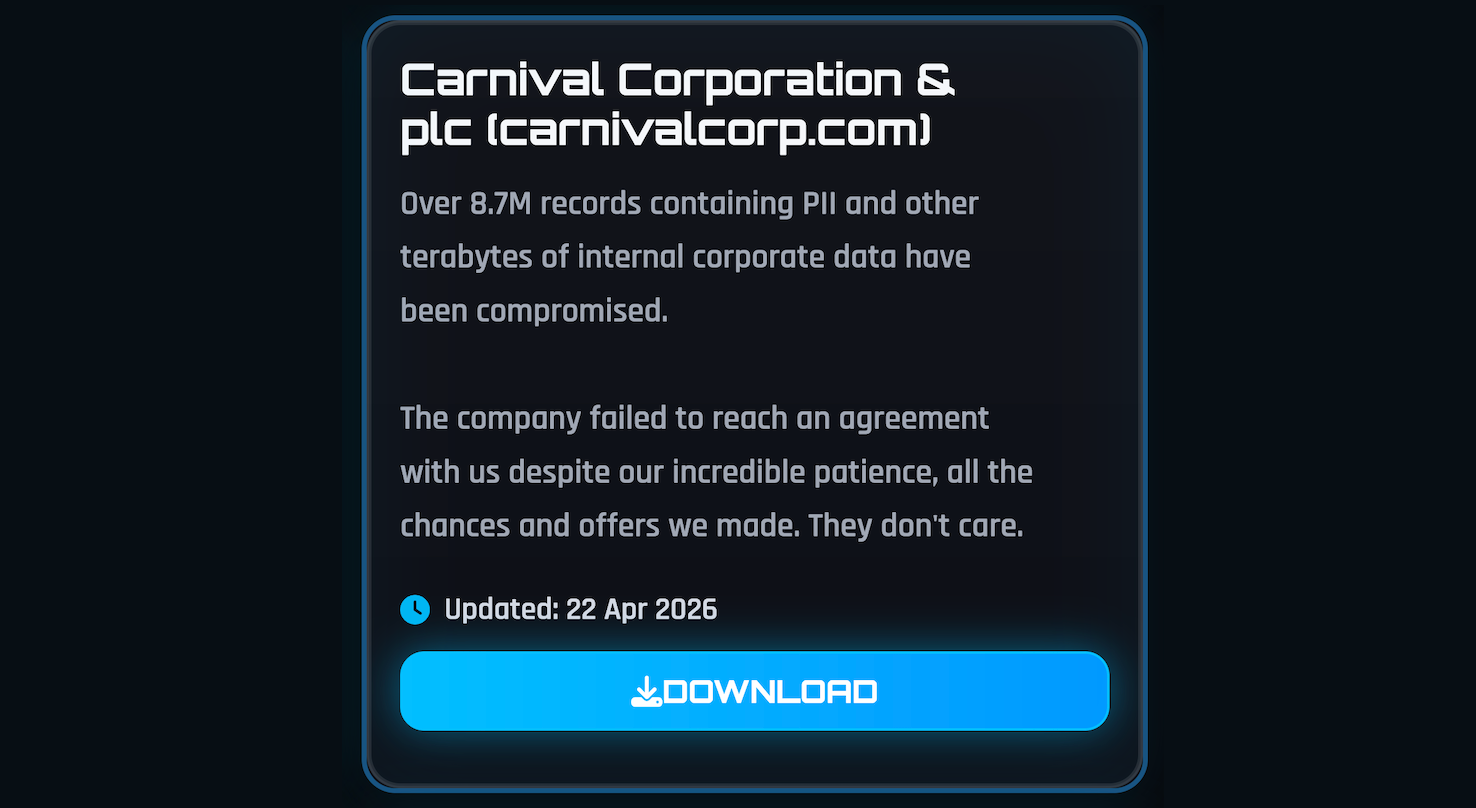 Carnival Cruise admet une fuite de données impactant près de 6 millions de personnes 2 Carnival sur le site de fuite de ShinyHunters