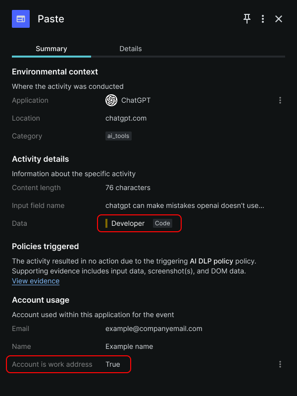 Le navigateur contourne votre DLP : comment les données fuient malgré les protections modernes 2 A Paste event, as shown in Keep Aware’s Console, indicates that a user pasted code in a ChatGPT account tied to their organization.