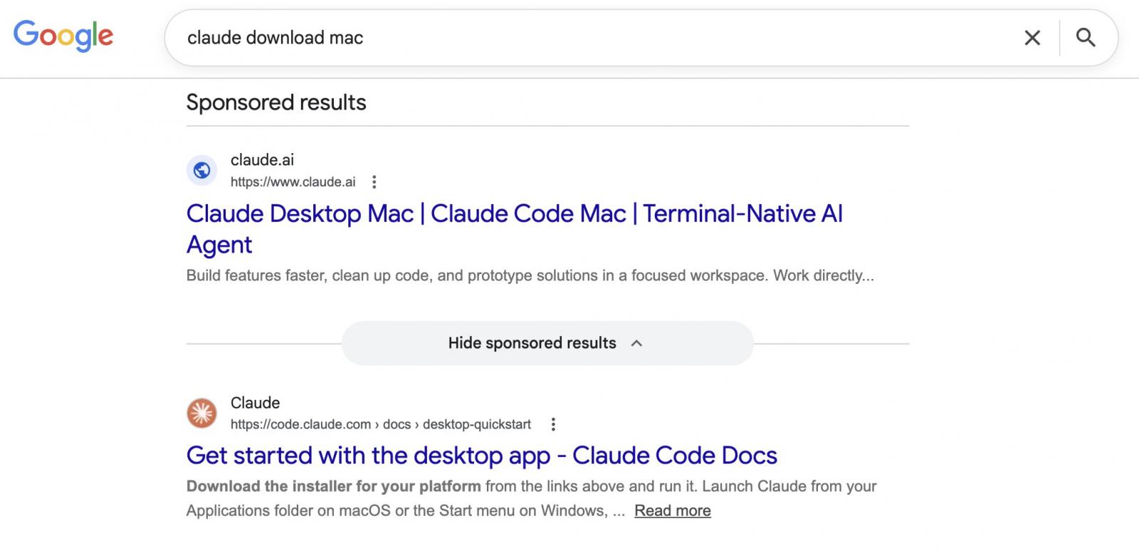 Les pirates détournent les pubs Google et les discussions Claude.ai pour propager un malware sur Mac 2 Google's sponsored search result for 'claude download mac'
