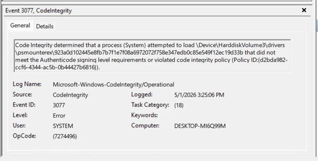 Microsoft confirme que les mises à jour Windows d'avril causent des échecs de sauvegarde 2 'Event 3077' entry in Event Viewer