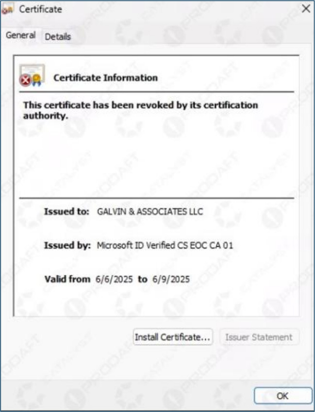 Une plateforme Microsoft exploitée pour certifier des logiciels malveillants a été mise hors service 2 Certificat utilisé pour signer les installateurs du logiciel malveillant Oyster