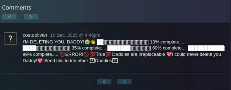 Une campagne de malware sur WordPress cache ses charges malveillantes dans des profils Steam 2 Commentaire Steam malveillant