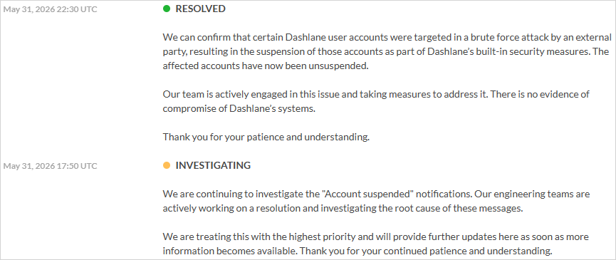 Les utilisateurs de Dashlane bloqués par des attaques automatiques sur leurs mots de passe 3 Capture de la page d'état de Dashlane