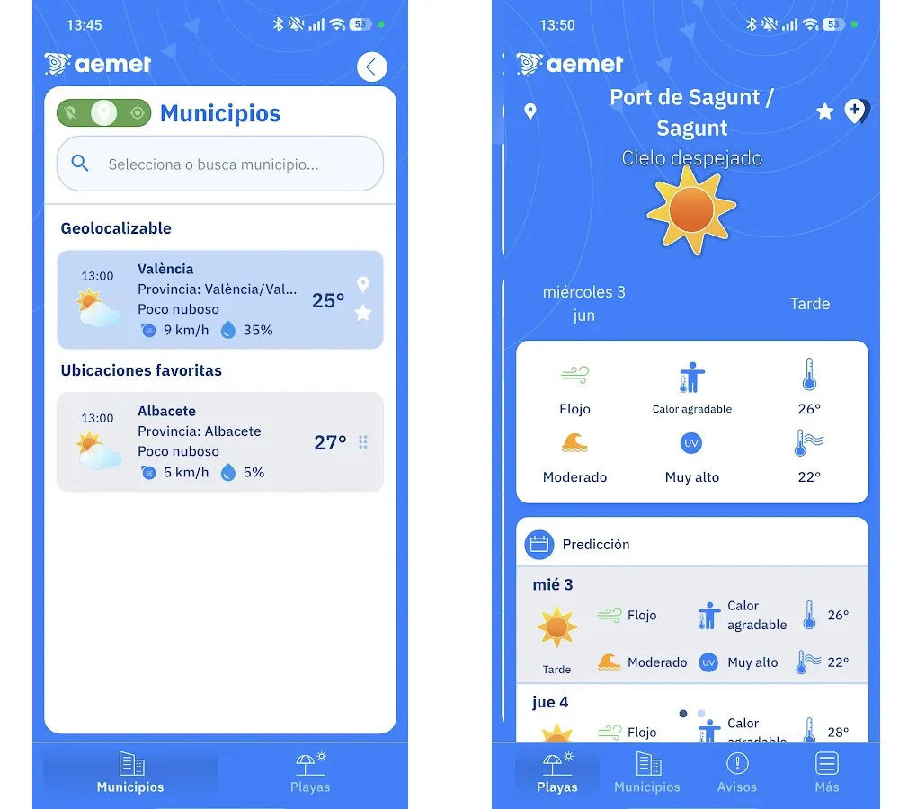 AEMET lance une application pour Android et iOS avec une interface rénovée 2 Onglets communes et plages dans l'application AEMET