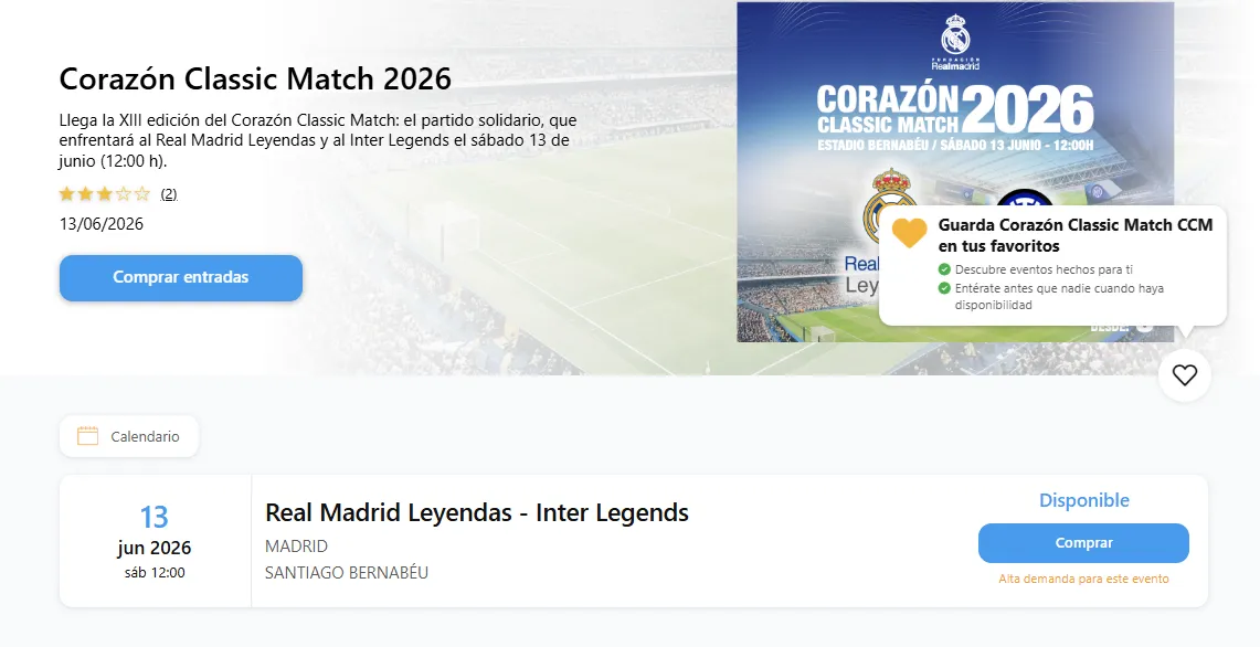 Le site web de Entradascom présente des défaillances depuis plusieurs jours pour certains événements et personne ne peut y remédier 2 Billets disponibles pour le Corazón Classic Match