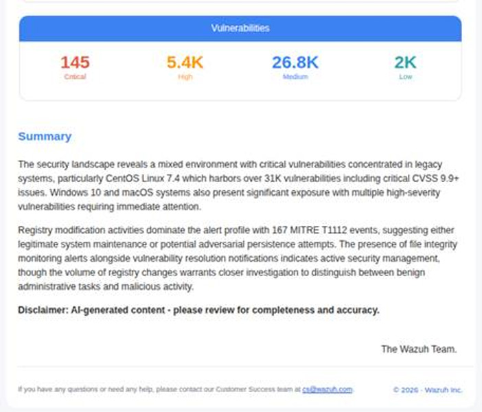 Simplifiez la gestion de votre cybersécurité avec Wazuh Cloud 2 Exemple de rapport de vulnérabilités généré par la plateforme