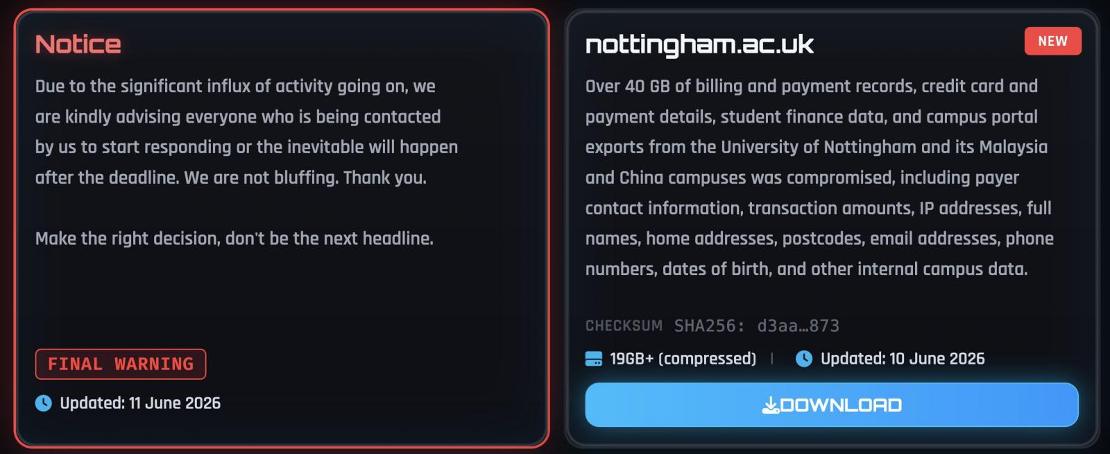 Faille de sécurité à l'université de Nottingham exposant les données de plus de 450 000 étudiants 2 L'Université de Nottingham sur le site de fuites de ShinyHunters