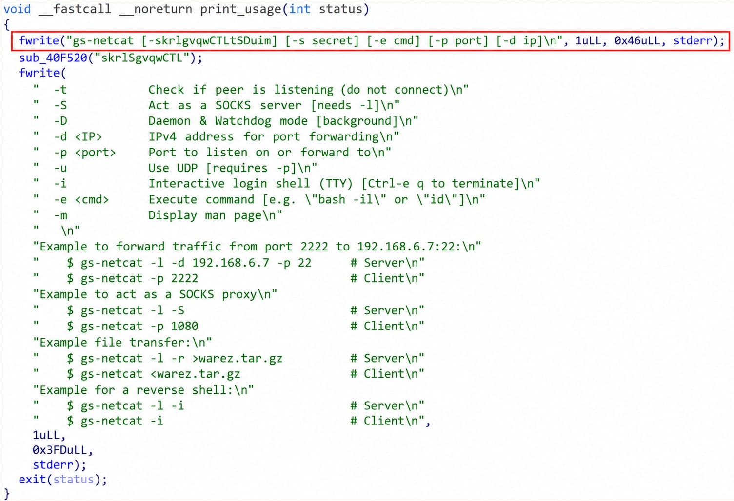 Des pirates chinois détournent un flux d'authentification et espionnent un réseau isolé pendant dix ans 2 Désassembleur montrant l'utilisation de GS-Netcat