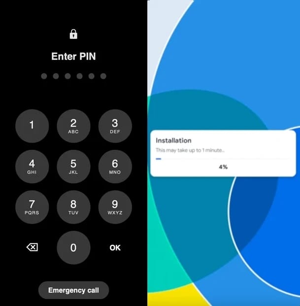 Le nouveau malware Rokarolla sur Android vise 217 applications bancaires et de cryptomonnaie 4 Fenêtre pour capturer le code PIN à gauche et faux écran d'installation à droite