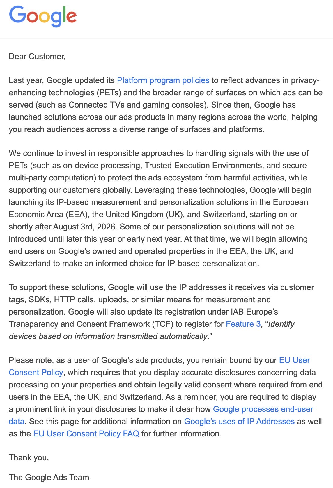 Google utilisera les adresses IP des utilisateurs britanniques et européens pour personnaliser les publicités 2 Google utilisera l'adresse IP pour personnaliser les publicités des utilisateurs au Royaume-Uni, dans l'EEE et en Suisse
