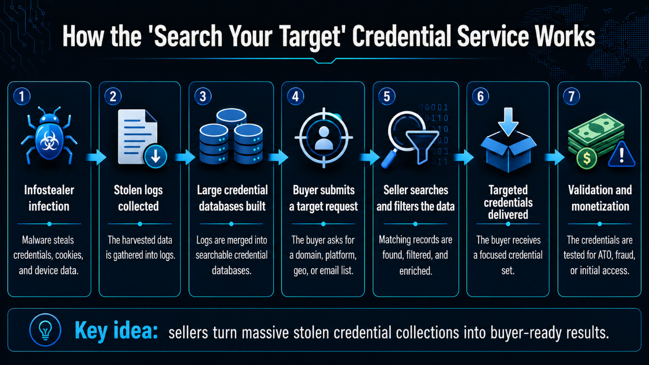 Un aperçu du marché où sont échangées les identifiants volés 2 Figure 1 – Le flux du service « Recherchez votre cible »