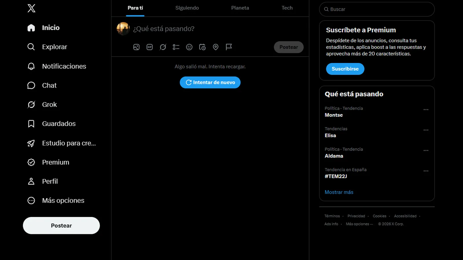 Pourquoi X Twitter a été victime d'une panne tout ce que l'on sait sur cette défaillance technique récente 2 Capture d'écran de l'application X montrant l'échec du chargement des publications.