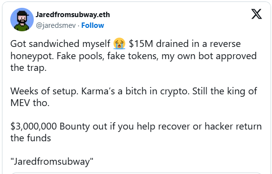 Un bot crypto MEV se fait pirater pour un vol de 15 millions de dollars comme dans l'affaire Jared du Subway 3 Capture d'un message publié sur le réseau social X (anciennement Twitter)