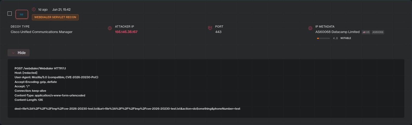 Une faille de Cisco Unified CM exploitée dans des attaques 2 Exploitation de CVE-2026-20230 sur des honeypots Cisco