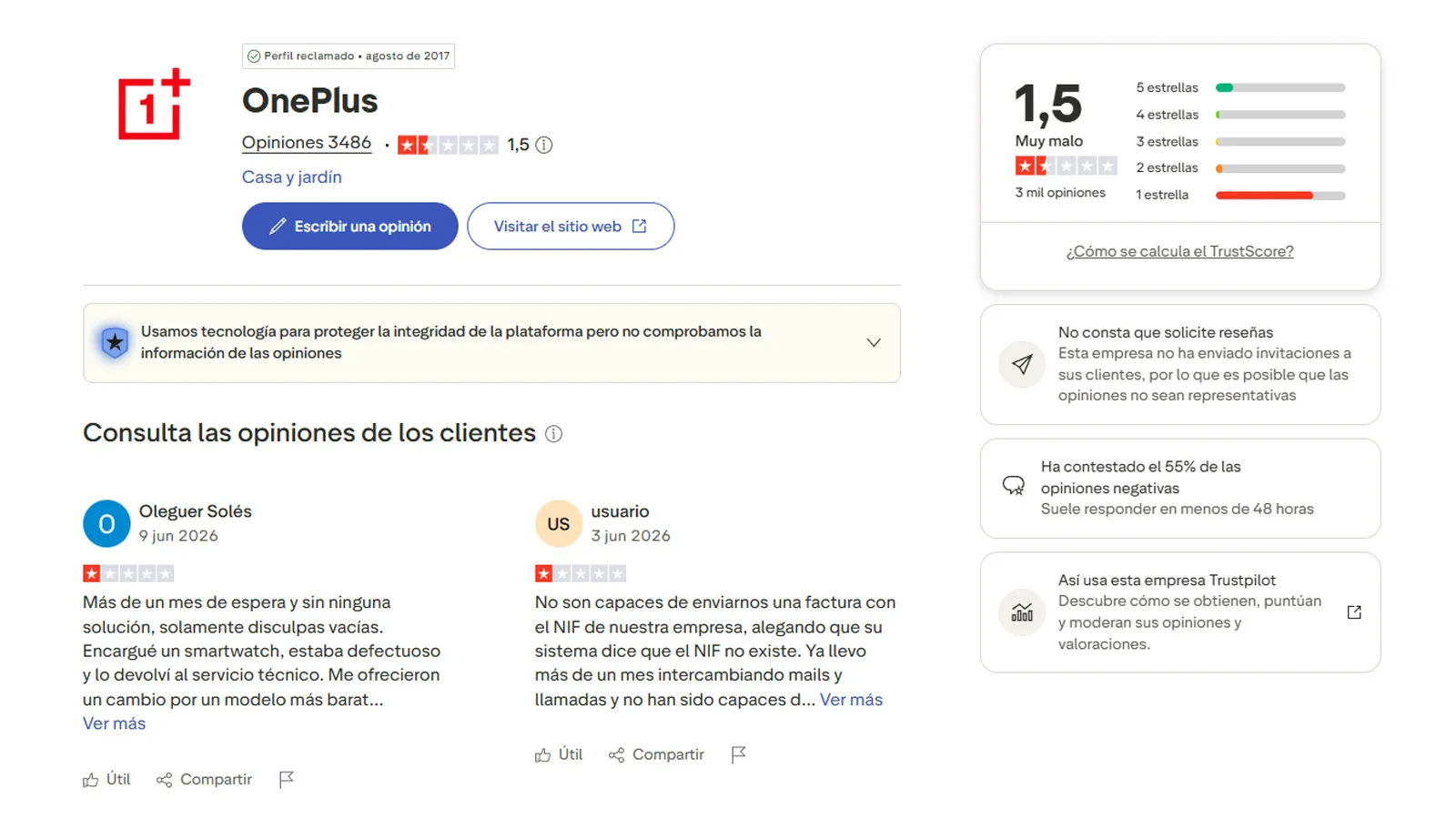 Note de OnePlus sur Trustpilot