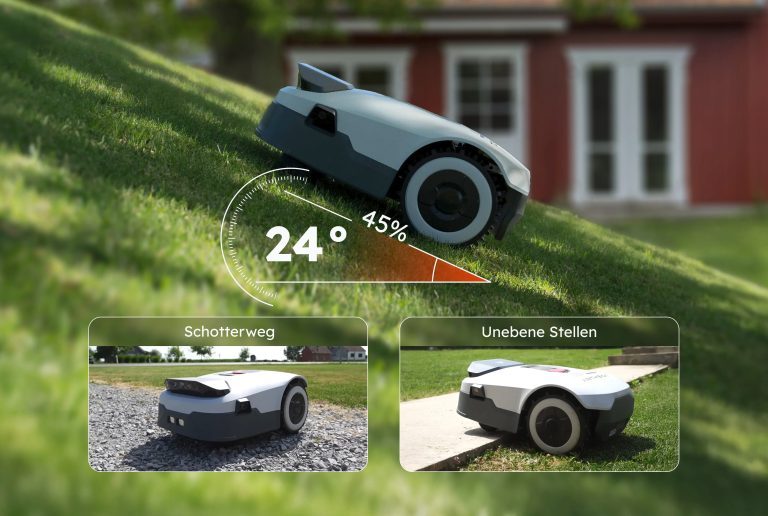 Anthbot Genie 800 Le robot tondeuse intelligent qui s'affranchit du câble 2 Des chemins en gravier, une forte pente ou un sol irrégulier ? Aucun souci pour ce robot. (Photo : Anthbot)