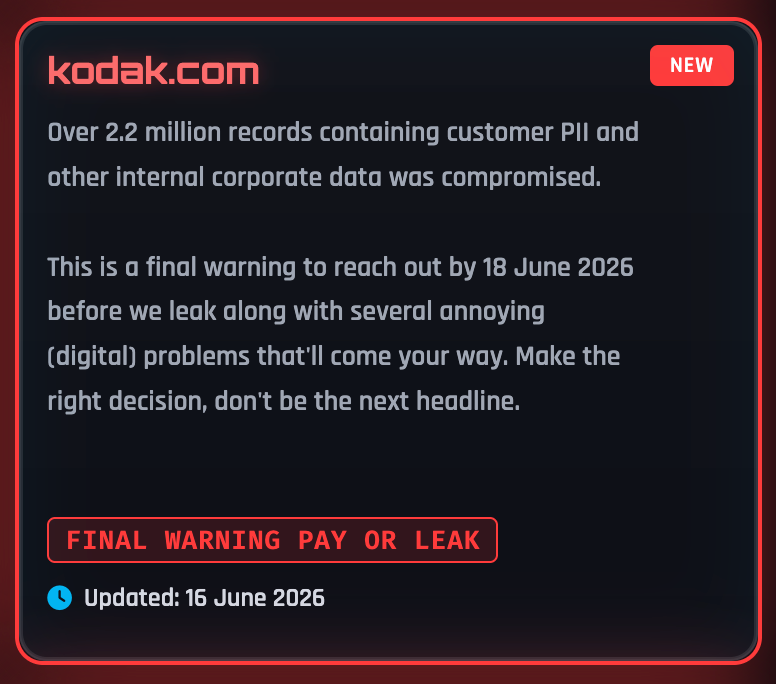 Kodak confirme une fuite de données revendiquée par le groupe d'extorsion ShinyHunters 2 Entrée concernant Kodak sur le site de fuite de ShinyHunters