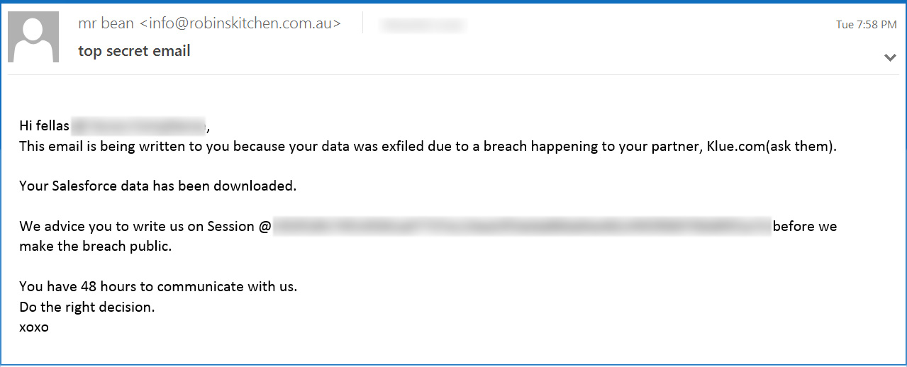 La brèche OAuth de Klue reliée aux attaques 'Icarus' de vol de données Salesforce 2 Email de demande de rançon d'Icarus