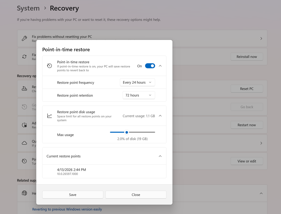La mise à jour Windows 11 KB5095093 introduit une nouvelle fonction de restauration dans le temps 2 Écran des paramètres de restauration à un instant précis