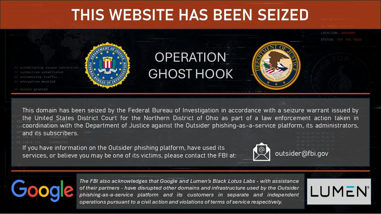 Le FBI démantèle un service de phishing massif basé sur l'intelligence artificielle qui utilisait un million d'URL 2 Le FBI saisit le site utilisé par le service de phishing Outsider Enterprise