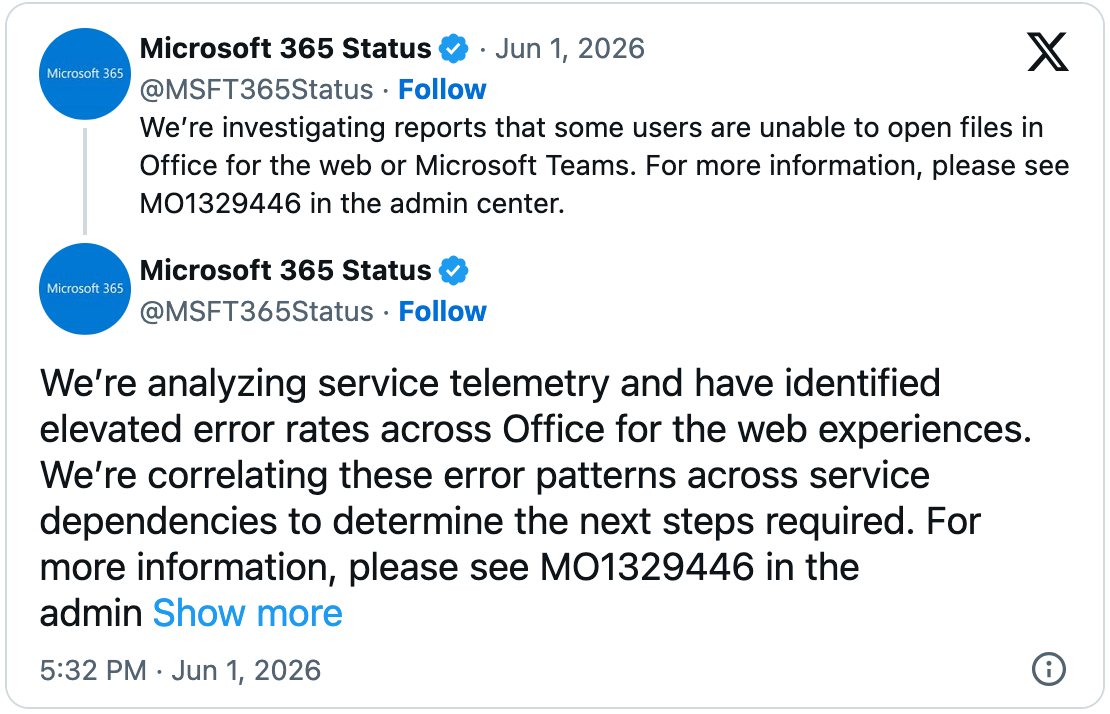 Microsoft enquête sur les problèmes d'accès aux fichiers dans les apps Office et Teams 2 Incident MO1329446 sur Teams et les applications Office