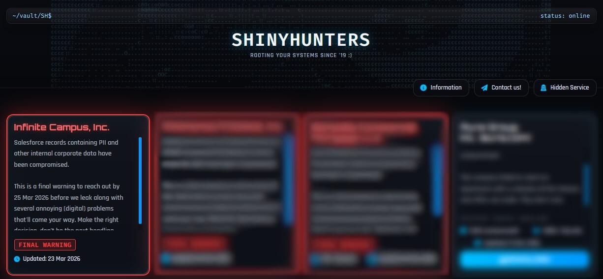Une fuite de données chez Infinite Campus compromet 137 000 comptes de personnel scolaire 2 Annonce d'Infinite Campus sur le site de fuites de données de ShinyHunters