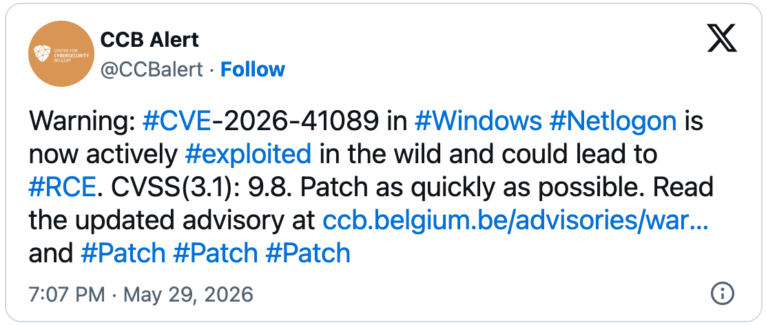 Vulnérabilité critique dans Windows Netlogon exploitée par des pirates 2 Alerte d'exploitation active de la CVE-2026-41089