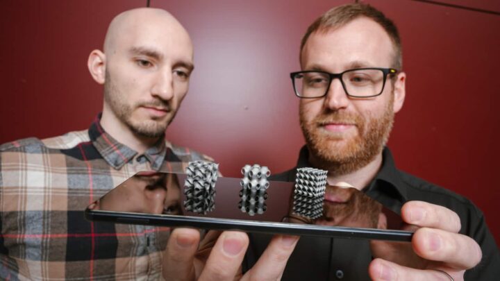 Les doctorants Thorben Trodler (gauche) et Michael Fries (droite) optimisent ces structures délicates d'échange de chaleur en alliage nickel-titane, traversées par l'air et l'eau. Les structures tridimensionnelles sont produites couche par couche par fabrication additive sur imprimante 3D.