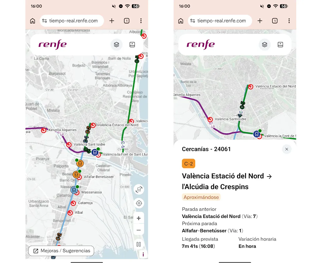Comment savoir en temps réel où se trouvent les trains depuis son mobile 12 Captures d’écran du visualiseur temps réel de Renfe