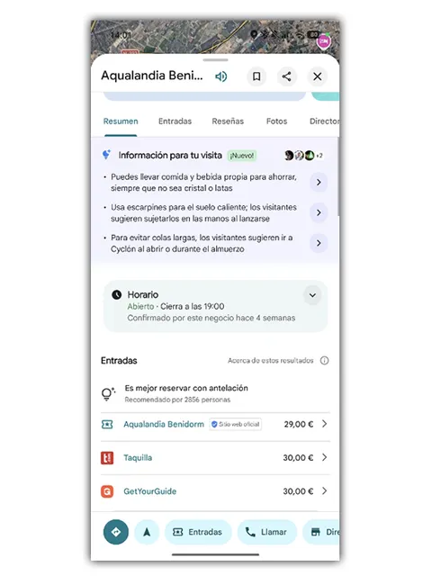 Fonction Informations pour votre visite dans Google Maps.