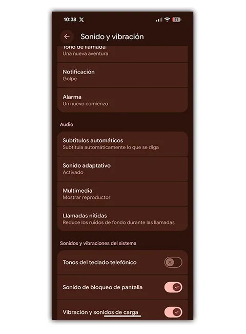 Menu Son et vibration dans Android.