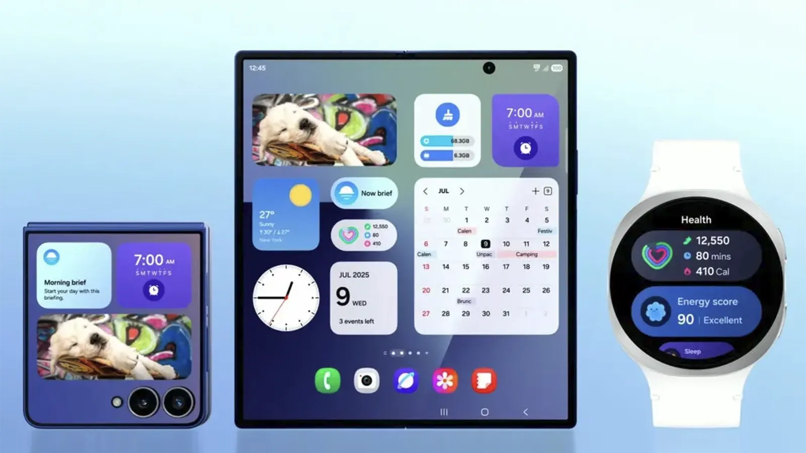 Ice Universe, expert en technologie mobile affirme que One UI 9 ne souffre plus de ralentissements et offre désormais une fluidité et des performances étonnantes 2 Interface One UI 8 sur un téléphone pliable type coque, une tablette et une montre connectée avec des widgets de santé et de calendrier.