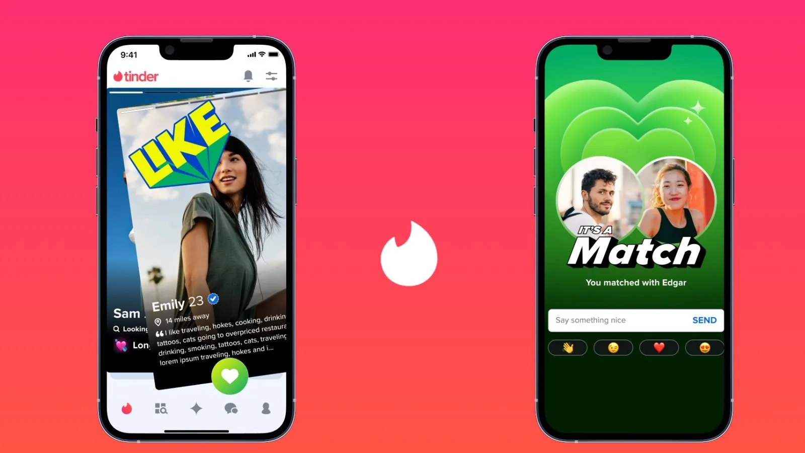 Tout ce que vous devez savoir sur Tinder pour draguer plus 2 Montage avec logo officiel de Tinder et images de Like et Match dans l’application