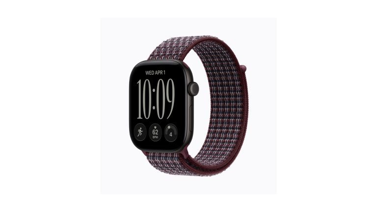 Apple Watch Series 12 black aluminum with burgundy plaid Sport Loop 16x9