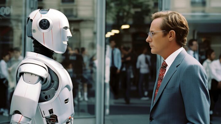 Et si votre patron était une intelligence artificielle 3 Un robot et un homme en costume, se faisant face.